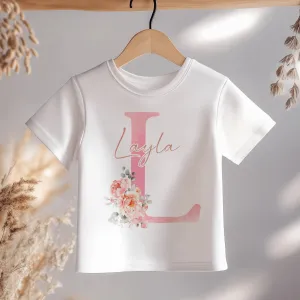 Boho Floral Pink Letter With Name Personalised Toddler & Kids T Shirt