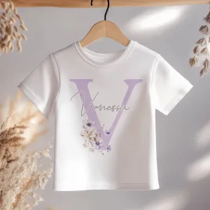 Boho Floral Violet Letter With Name Personalised Toddler & Kids T Shirt