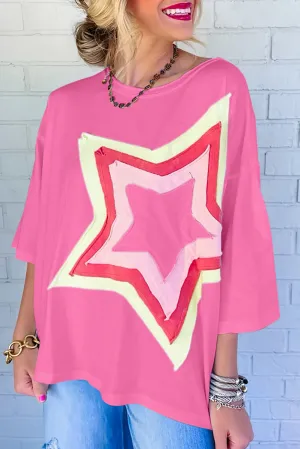 Bonbon Colorblock Star Patched Half Sleeve Oversized Tee