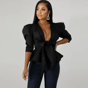 Bow Down Puff Sleeve Deep V-Neck Peplum Blouse