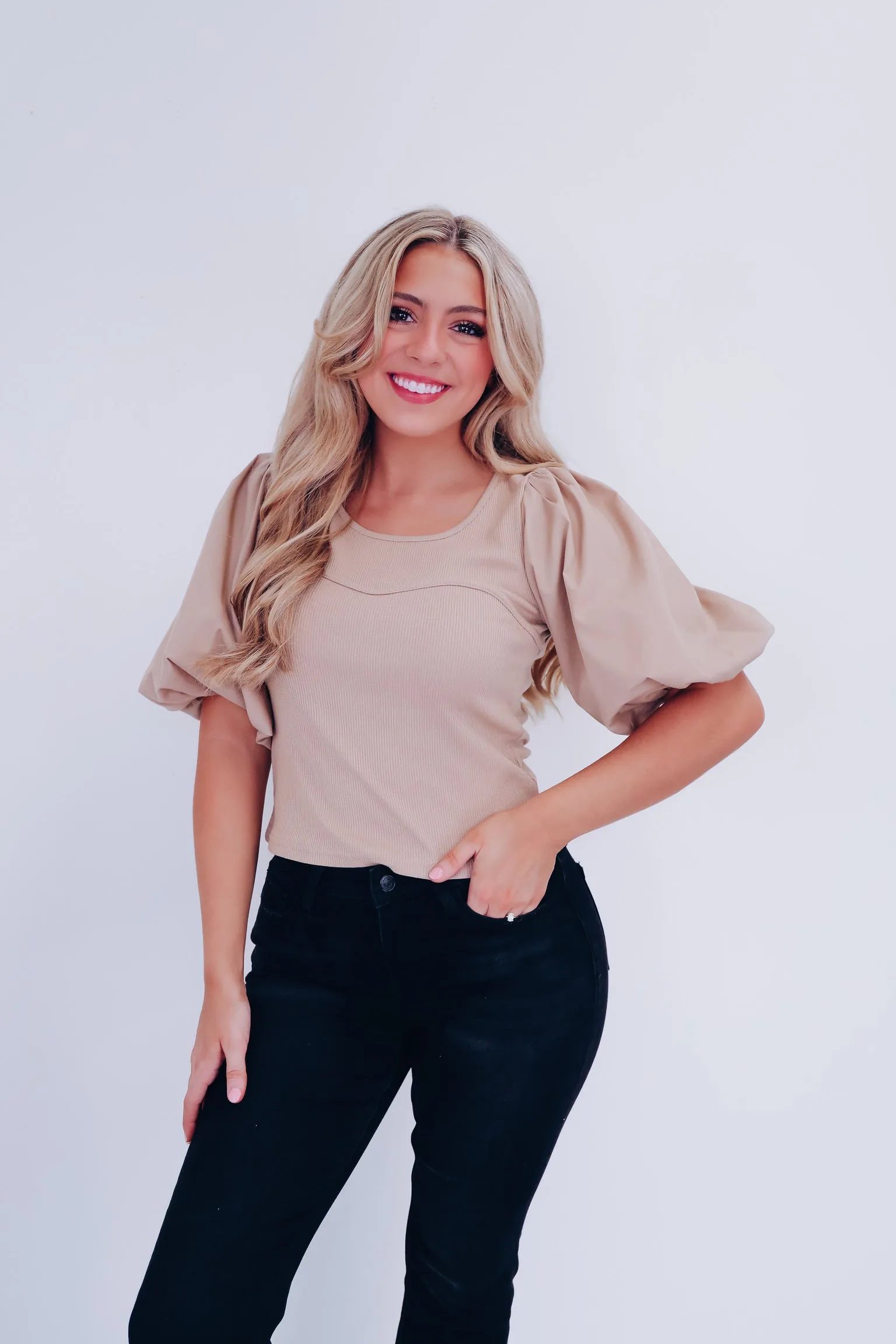 Brielle Bubble Sleeve Crop Top - Beige