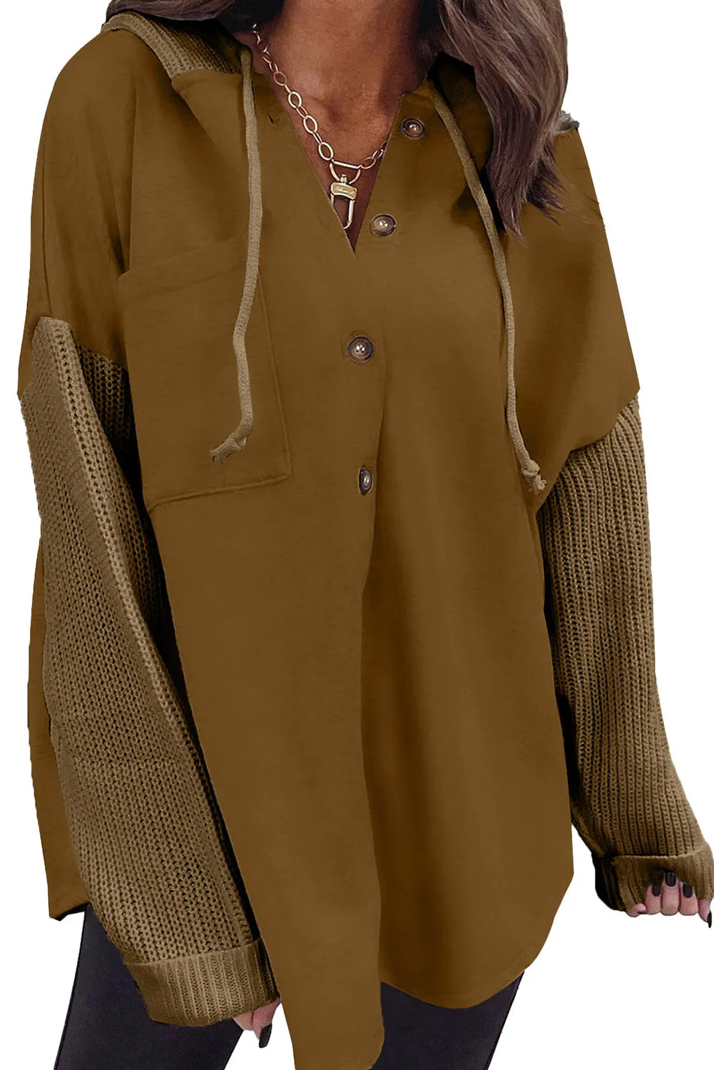 Brown Button Up Contrast Knitted Sleeves Hooded Jacket
