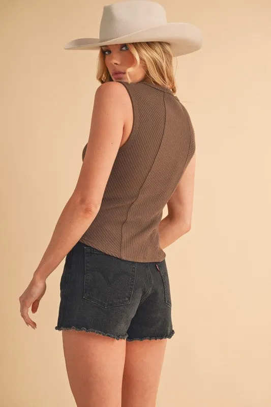 Brown Exposed Seam Ribbed Wide Strap Tank