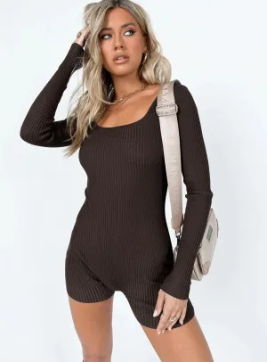 Brown Ribbed Full Sleeve Romper