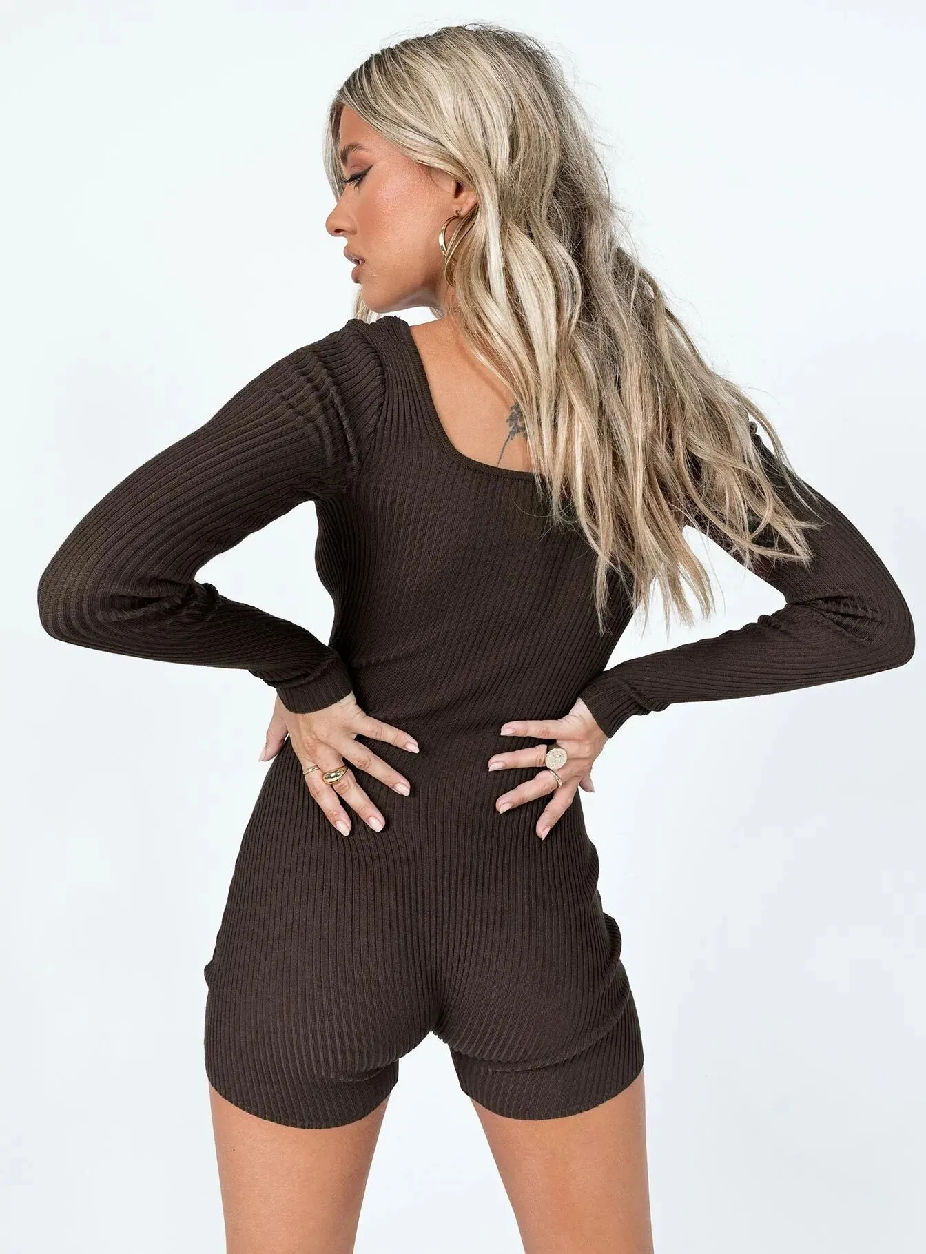 Brown Ribbed Full Sleeve Romper
