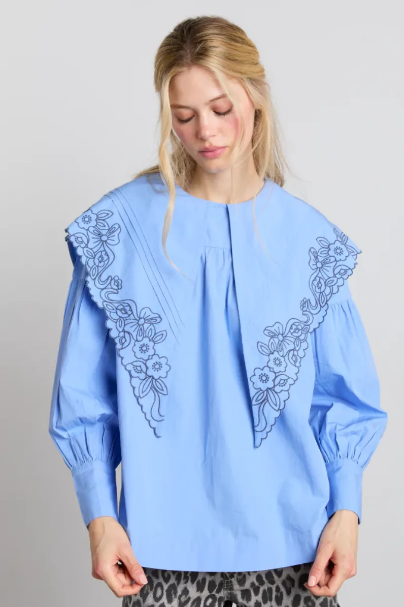 Candy Embroidered Collar Blouse - Blue
