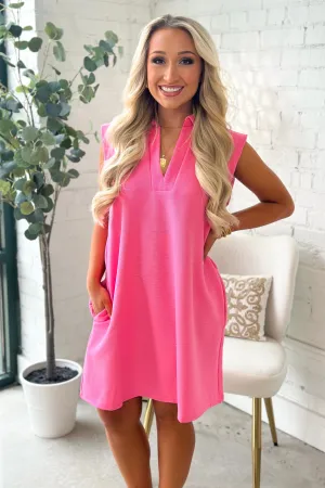 Candy Pink Collar Ribbed Sleeveless Dress