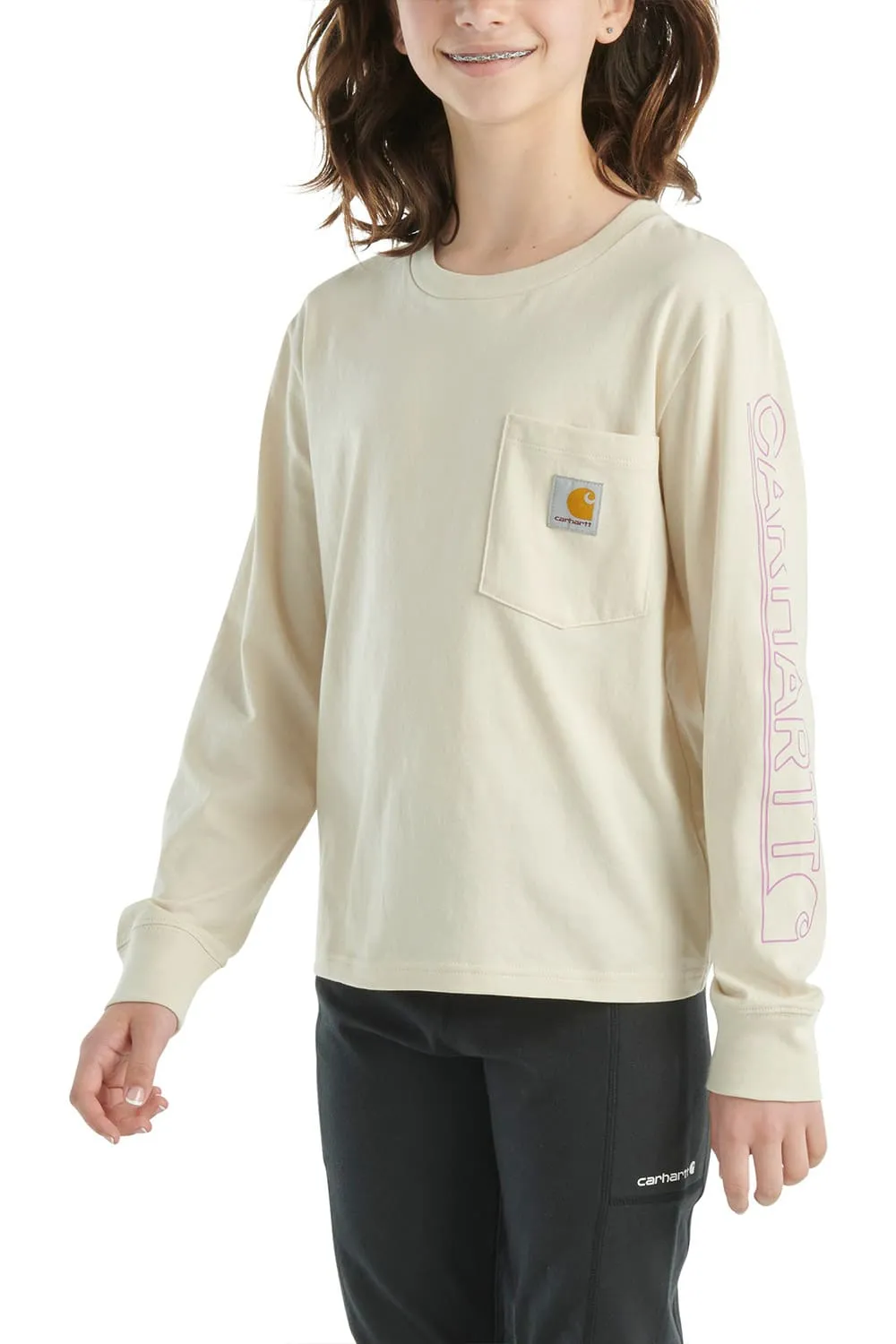 Carhartt Kids Graphic Pocket Long Sleeve T-Shirt for Girls in Malt | CA7071-T72-XC2-MALT