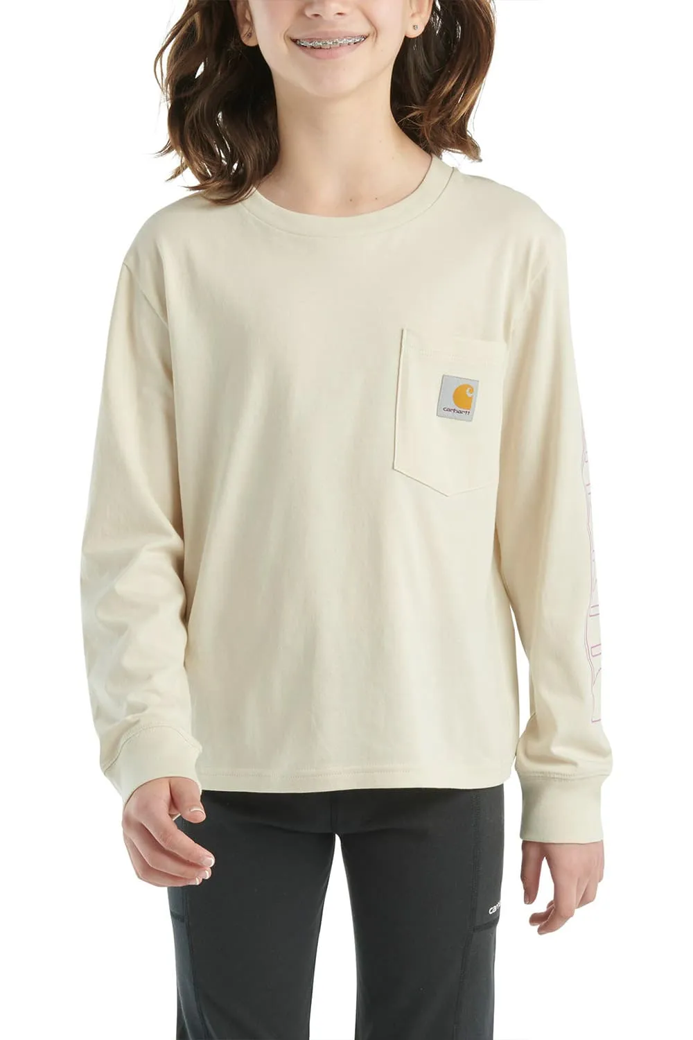 Carhartt Kids Graphic Pocket Long Sleeve T-Shirt for Girls in Malt | CA7071-T72-XC2-MALT