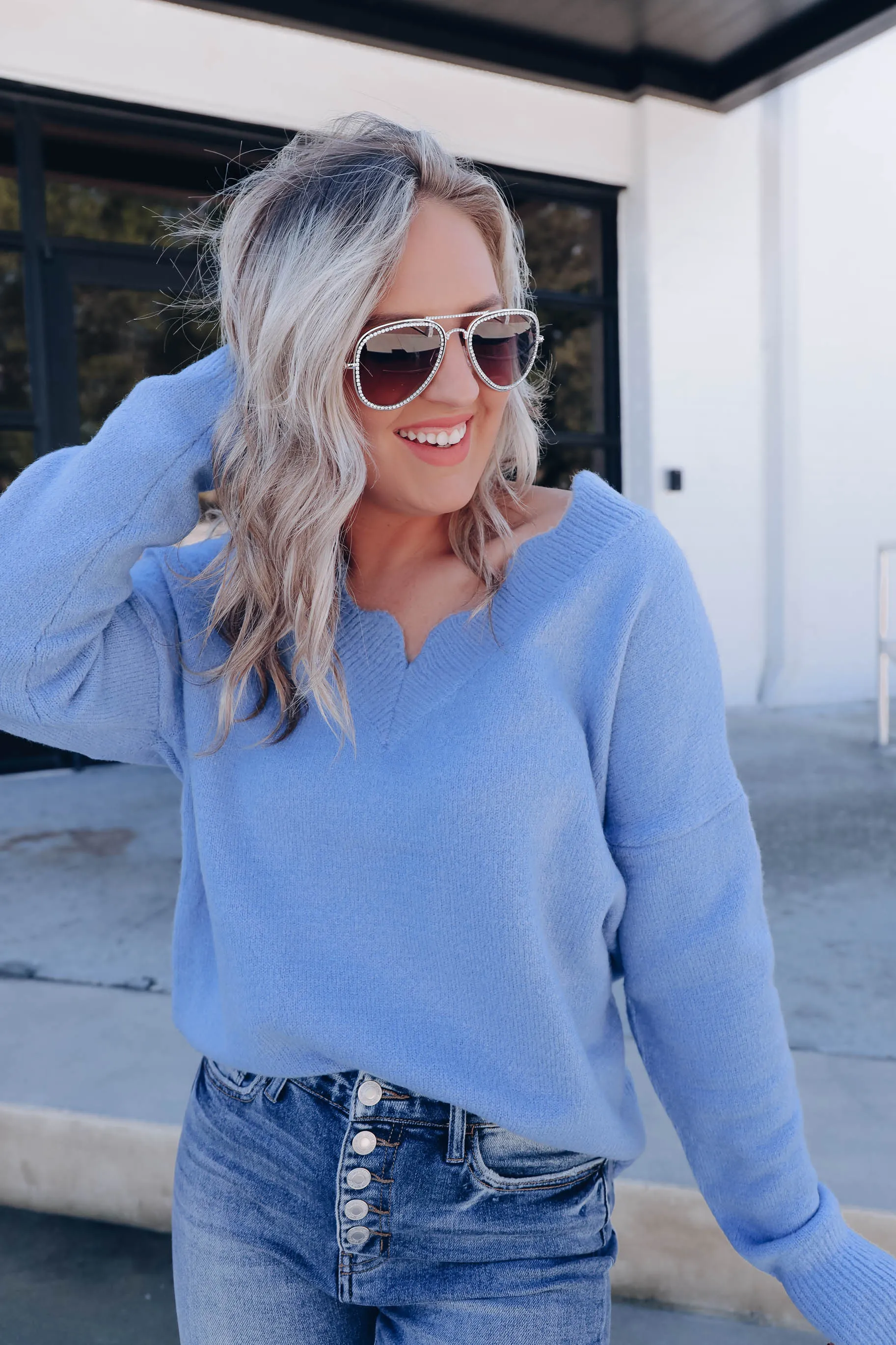 Carissa Knit Scalloped Sweater - Blue