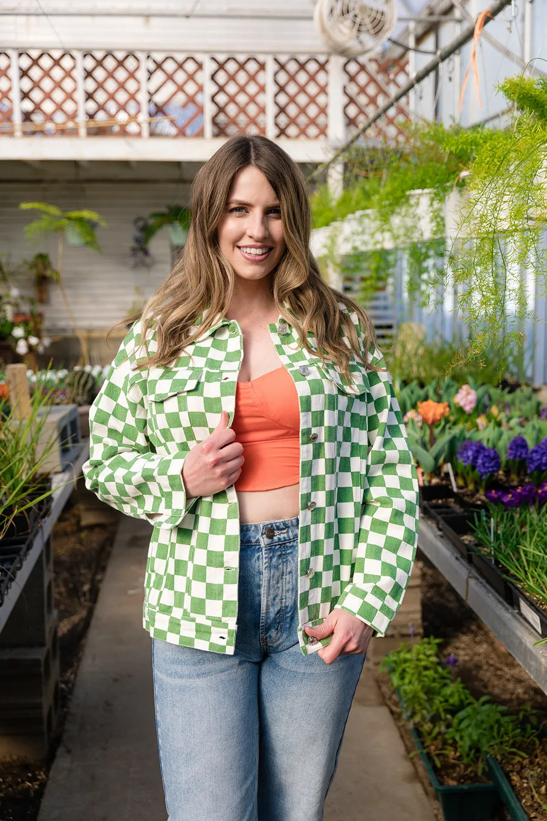 Carlys Green & White Checkered Jean Jacket