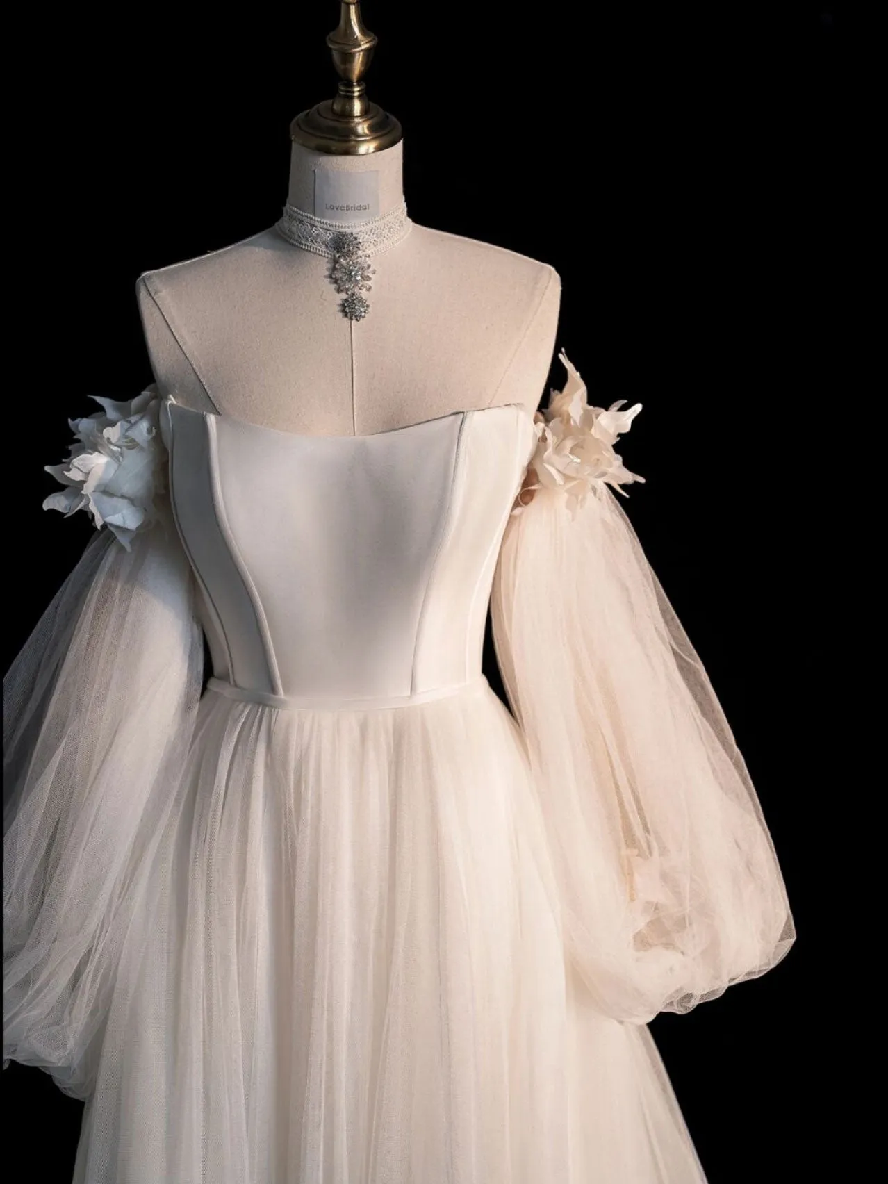 Champagne A line tulle long prom dress long sleeves formal dress