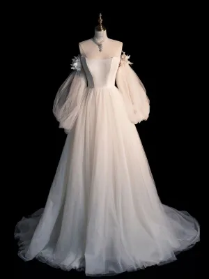Champagne A line tulle long prom dress long sleeves formal dress