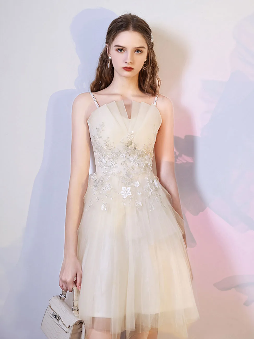 Champagne Mini/Short Prom Dresses, Cute Champagne Homecoming Dresses