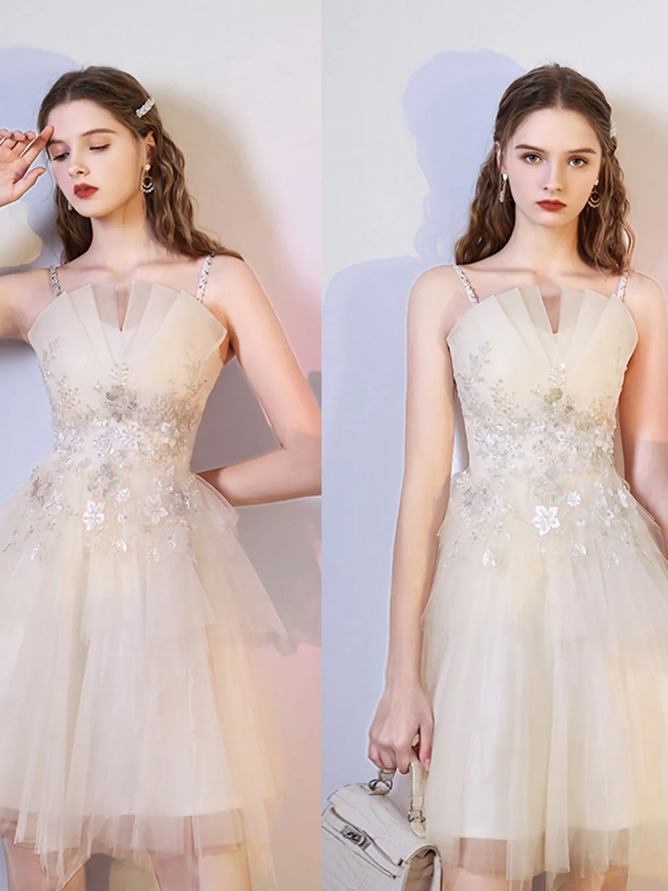 Champagne Mini/Short Prom Dresses, Cute Champagne Homecoming Dresses