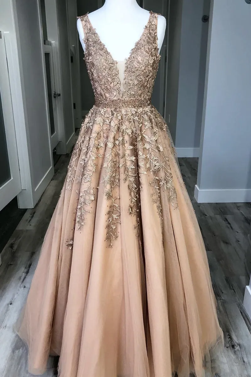 Champagne V Neck Lace Tulle Long Prom Dresses, Champagne Lace Formal Dresses, Champagne Evening Dresses