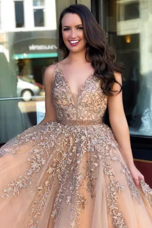 Champagne V Neck Lace Tulle Long Prom Dresses, Champagne Lace Formal Dresses, Champagne Evening Dresses