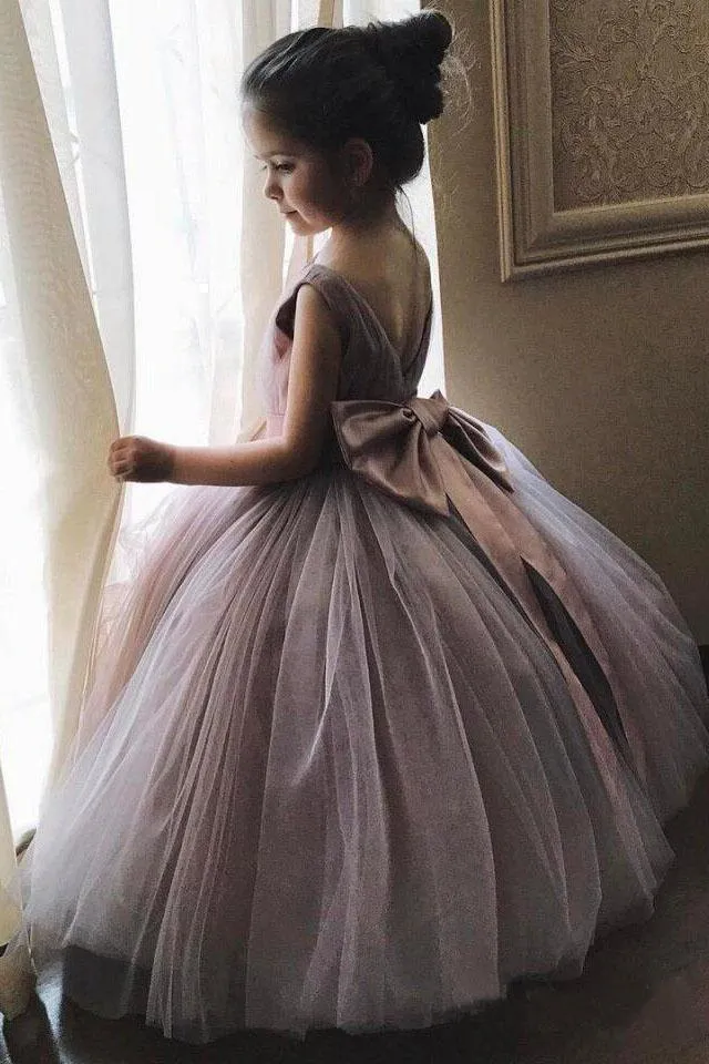 Cheap Cute Ball Gown Tulle Flower Girl Dresses with Bow Baby Dresses OHR019