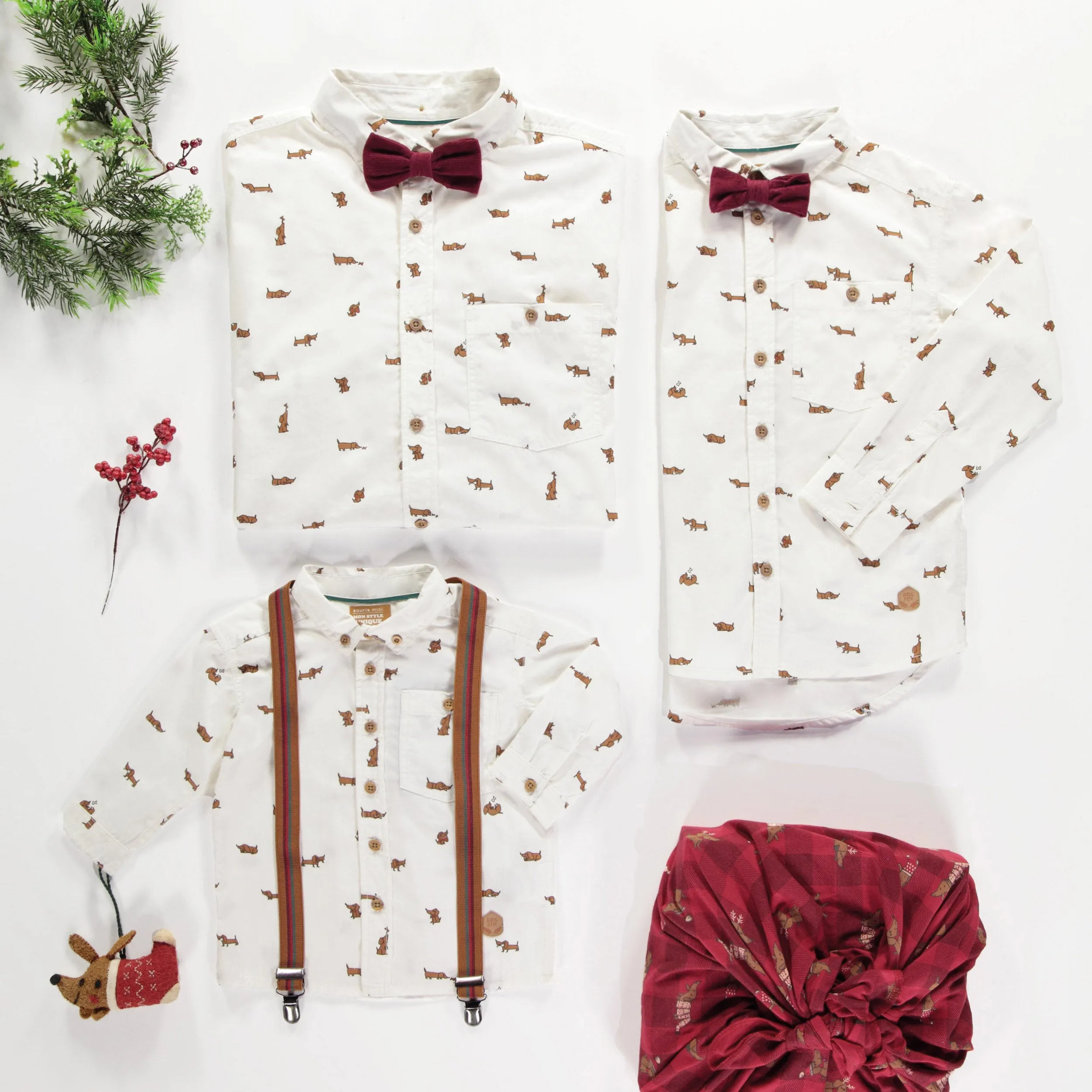 Chemise crème à motif de chiens en popeline de coton effet peau de pêche, adulte || Cream shirt with dog pattern in cotton poplin effect peach skin, adult