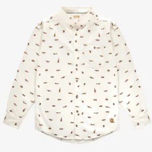 Chemise crème à motif de chiens en popeline de coton effet peau de pêche, adulte || Cream shirt with dog pattern in cotton poplin effect peach skin, adult