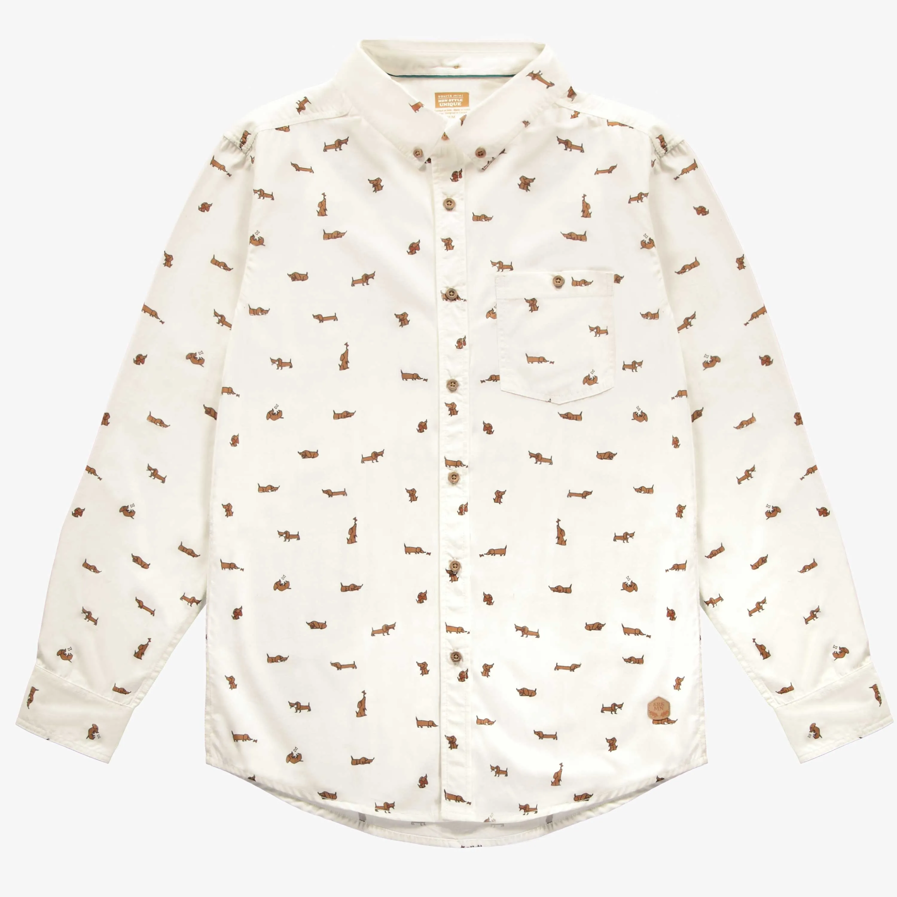 Chemise crème à motif de chiens en popeline de coton effet peau de pêche, adulte || Cream shirt with dog pattern in cotton poplin effect peach skin, adult