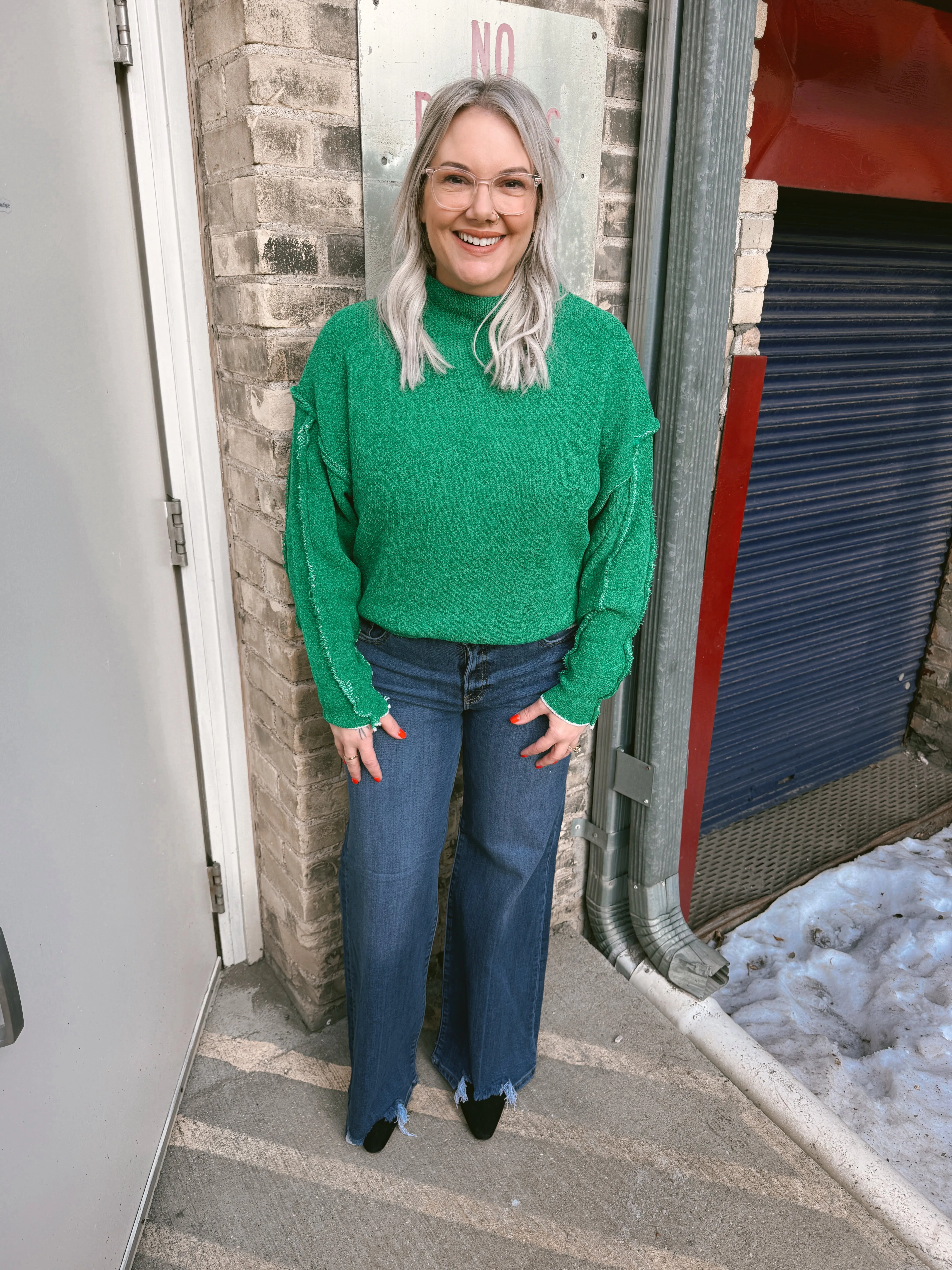 Chenille Seam Sweater Top-Kelly Green