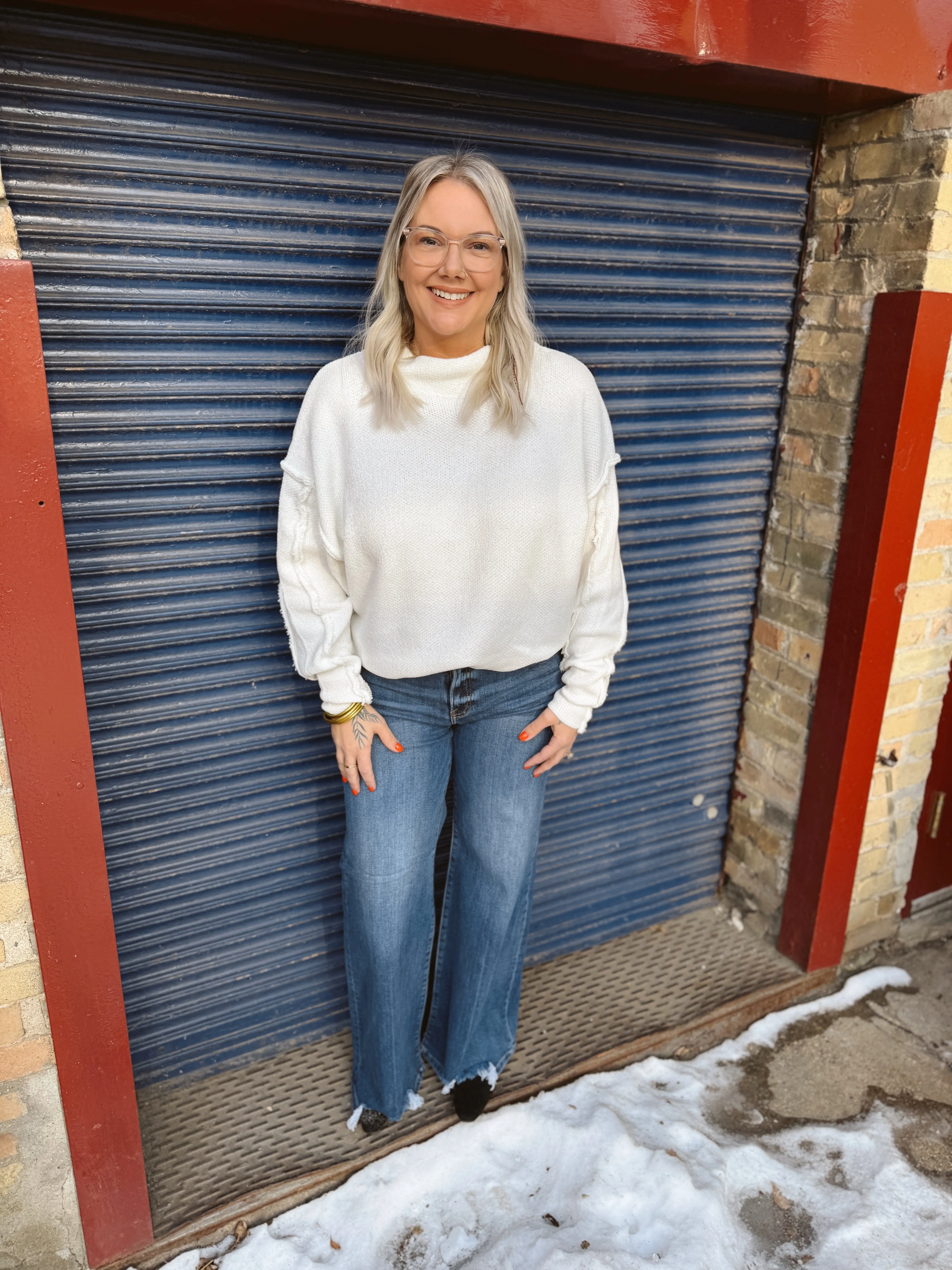 Chenille Seam Sweater Top-Off White