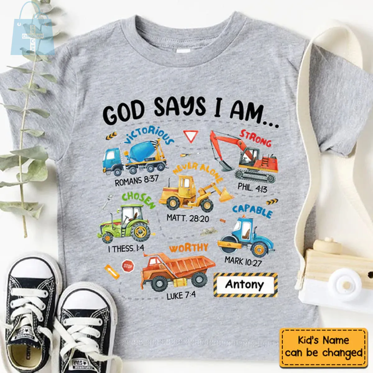 Christianartbag T-shirt, Construction Machines God Say I Am Kid T-Shirt, Children's Printed T-Shirts, CABTK02090923.