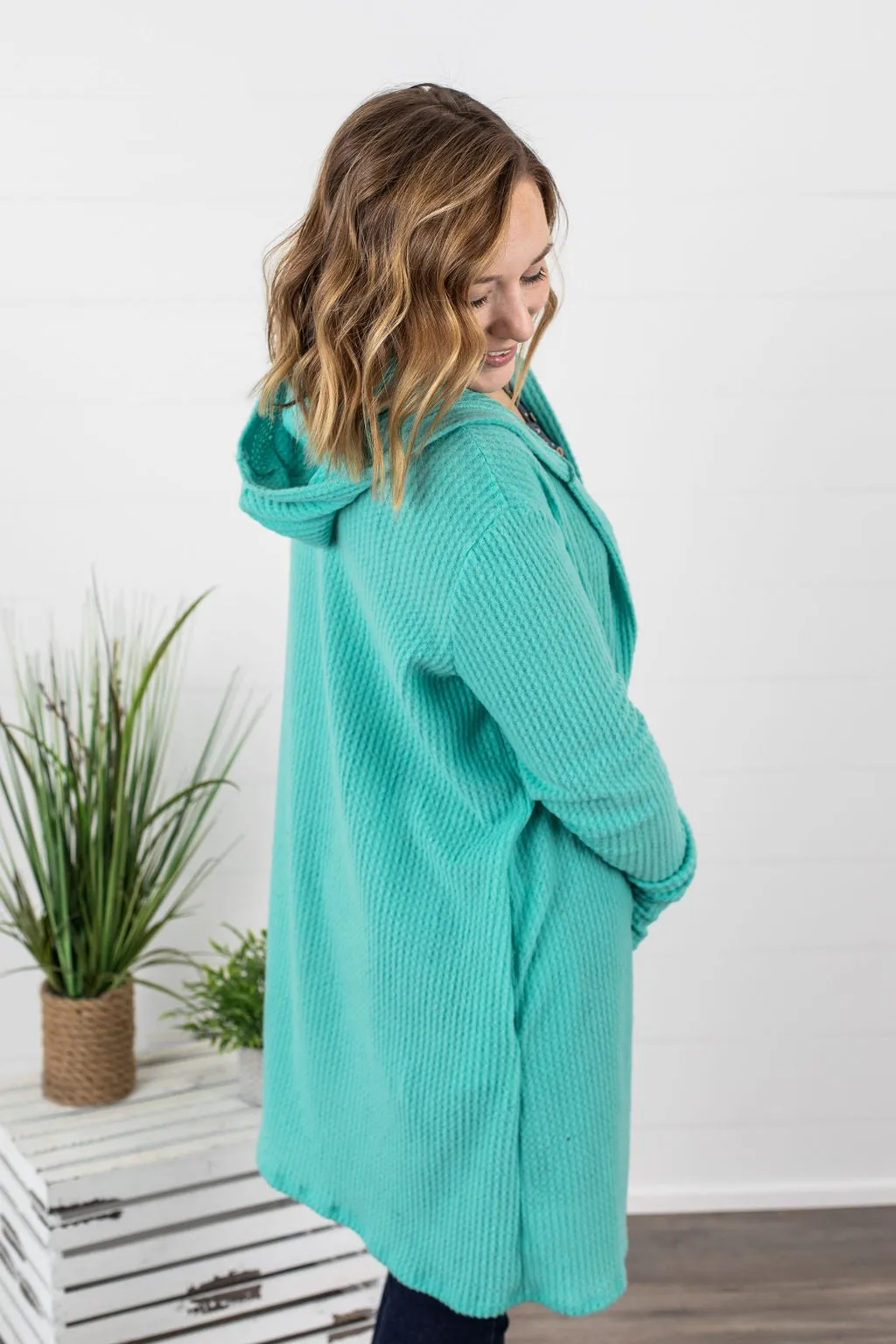 Claire Hooded Waffle Cardigan - Aqua Mint