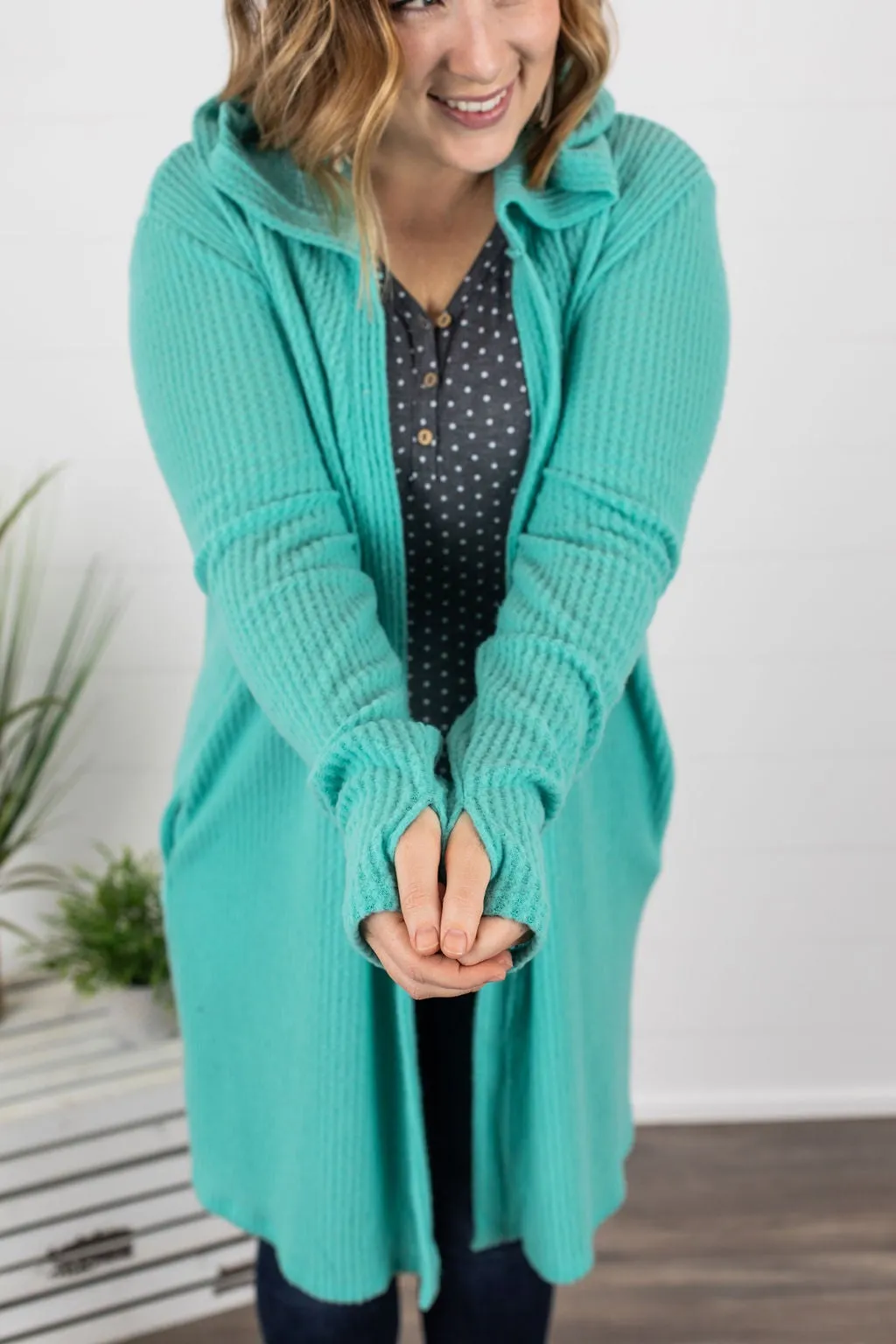 Claire Hooded Waffle Cardigan - Aqua Mint