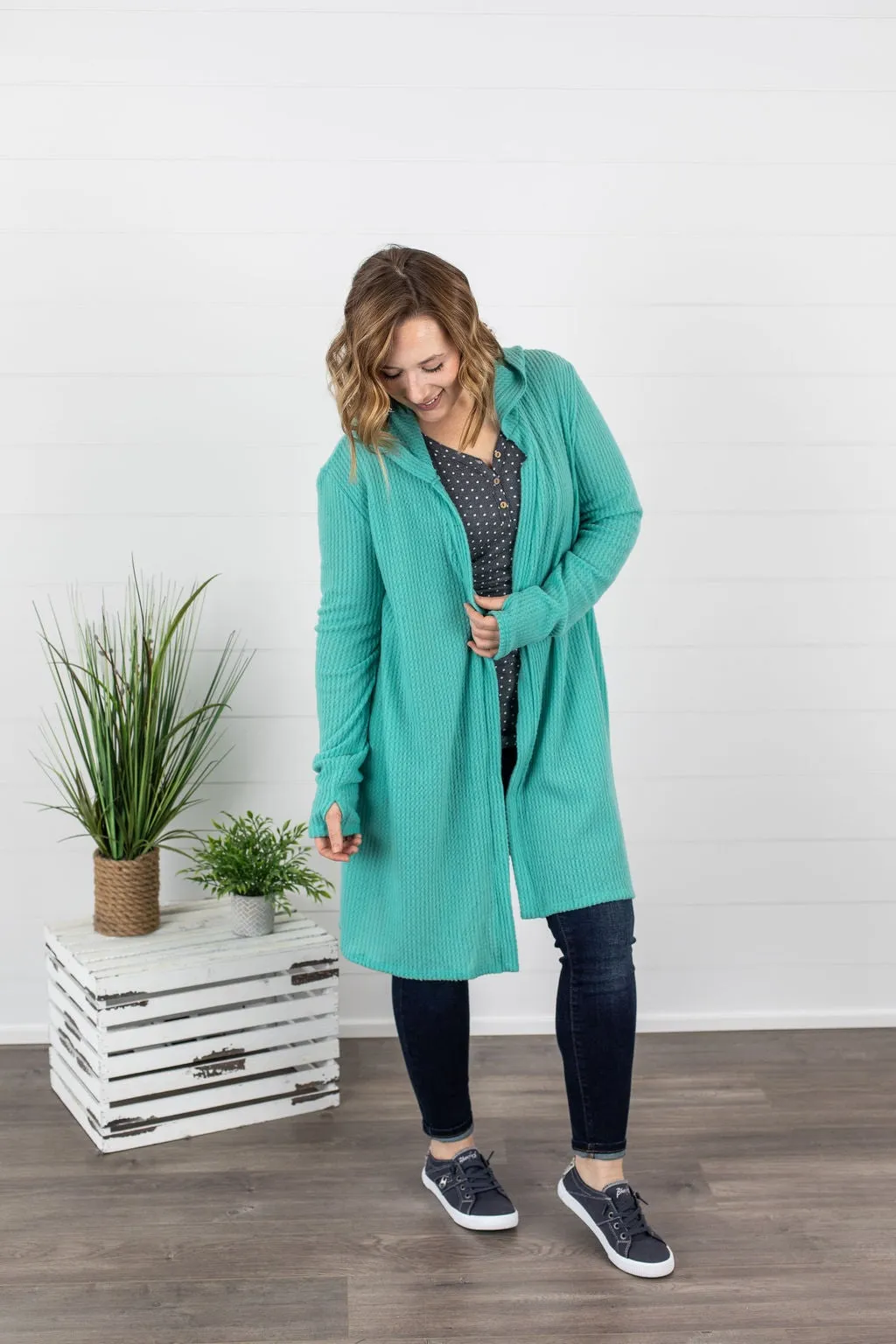 Claire Hooded Waffle Cardigan - Aqua Mint