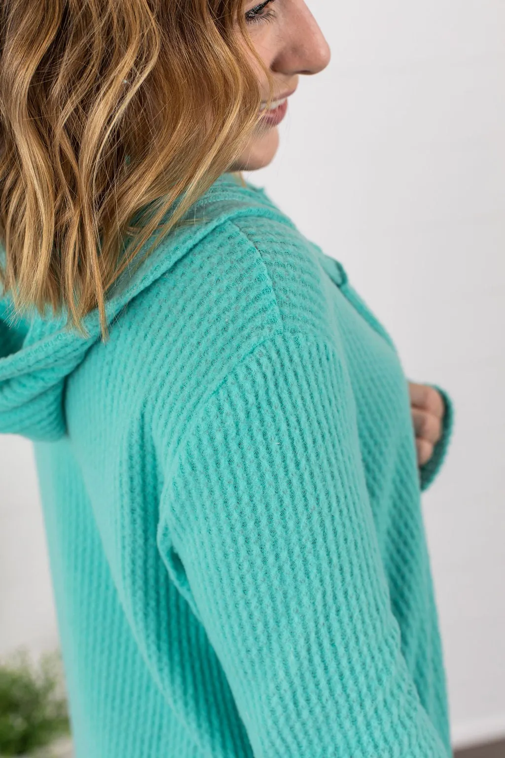 Claire Hooded Waffle Cardigan - Aqua Mint