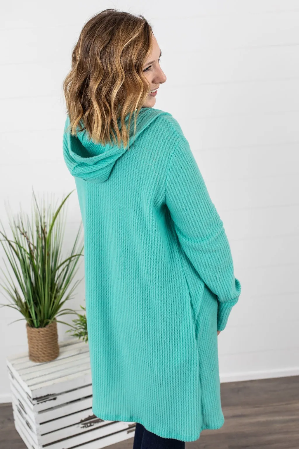 Claire Hooded Waffle Cardigan - Aqua Mint