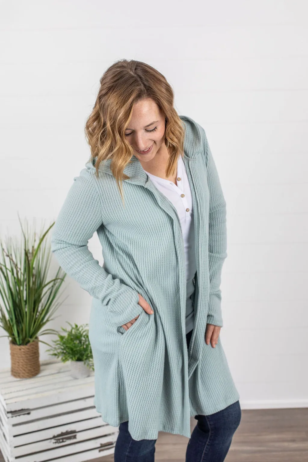 Claire Hooded Waffle Cardigan - Sage