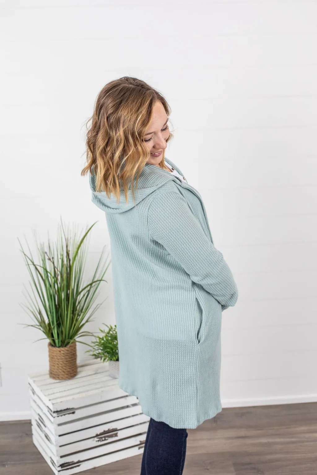 Claire Hooded Waffle Cardigan - Sage