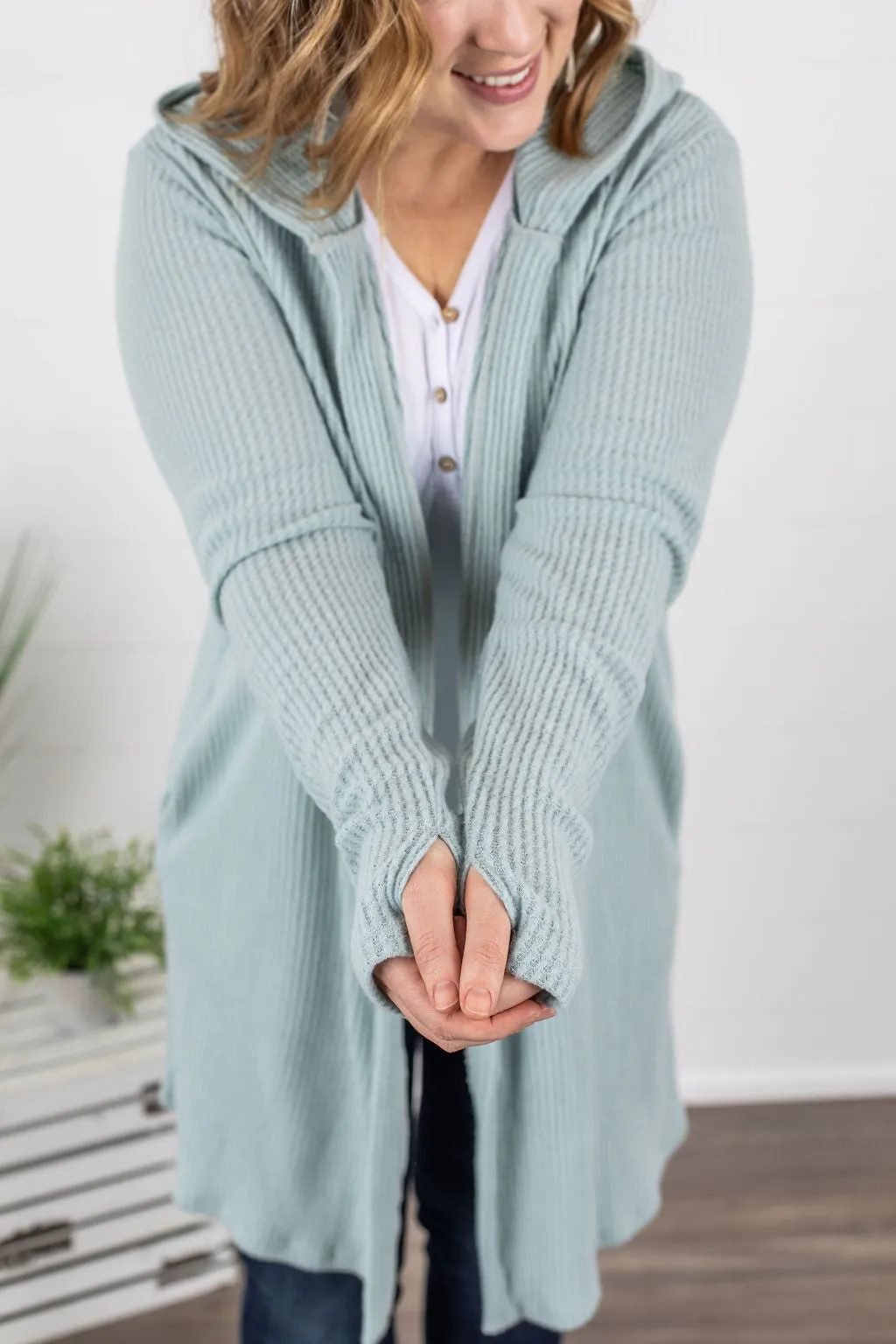 Claire Hooded Waffle Cardigan - Sage