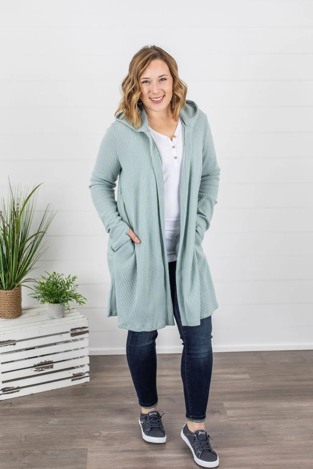Claire Hooded Waffle Cardigan - Sage