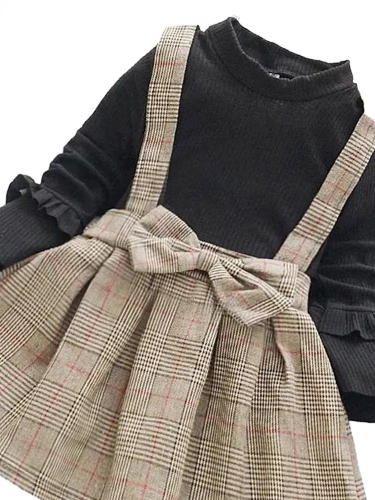 Classic Plaid Colour-Block Dress with Bow and Braces and Black Top