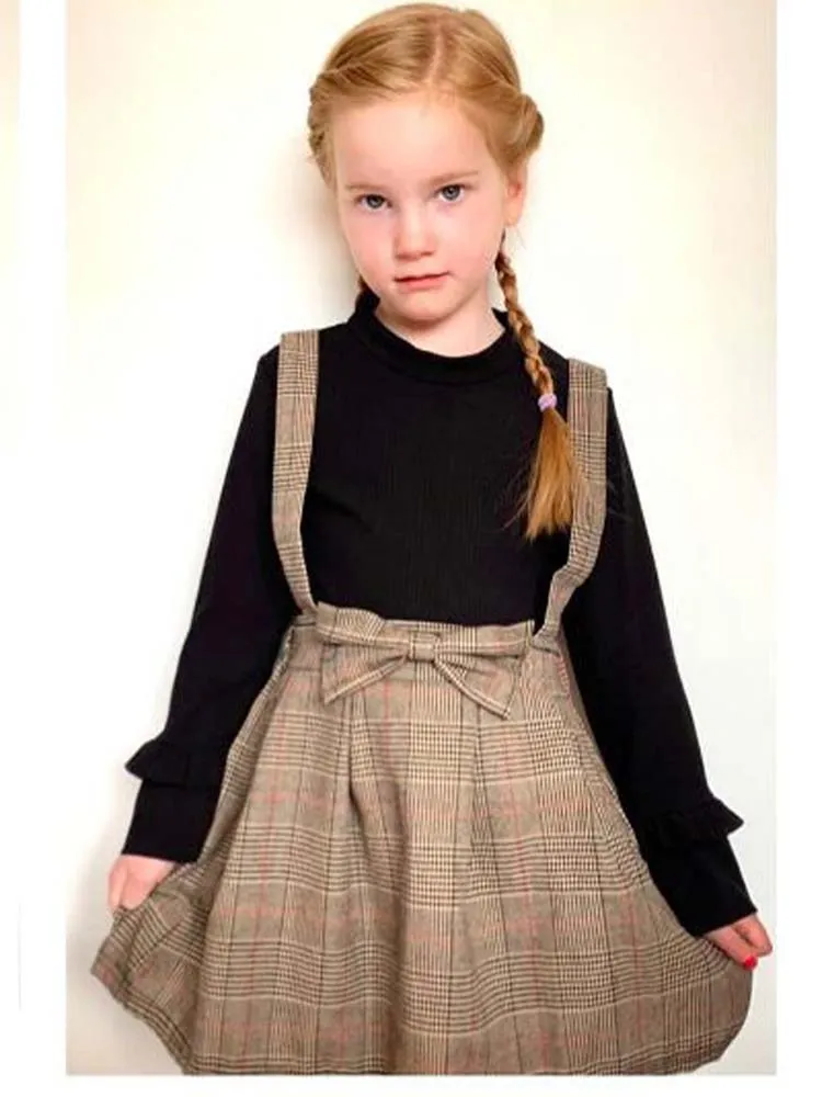 Classic Plaid Colour-Block Dress with Bow and Braces and Black Top