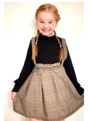 Classic Plaid Colour-Block Dress with Bow and Braces and Black Top