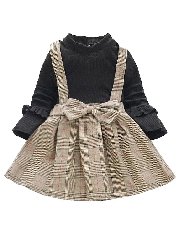 Classic Plaid Colour-Block Dress with Bow and Braces and Black Top