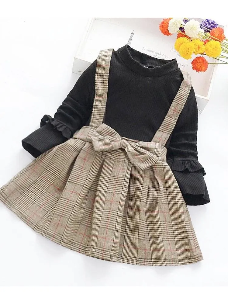 Classic Plaid Colour-Block Dress with Bow and Braces and Black Top