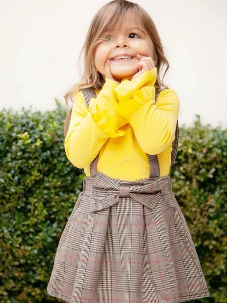 Classic Plaid Colour-Block Dress with Bow and Braces with Yellow Top