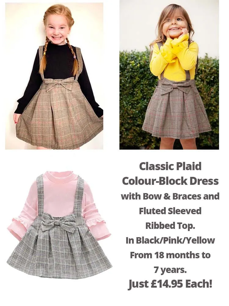 Classic Plaid Colour-Block Dress with Bow and Braces with Yellow Top