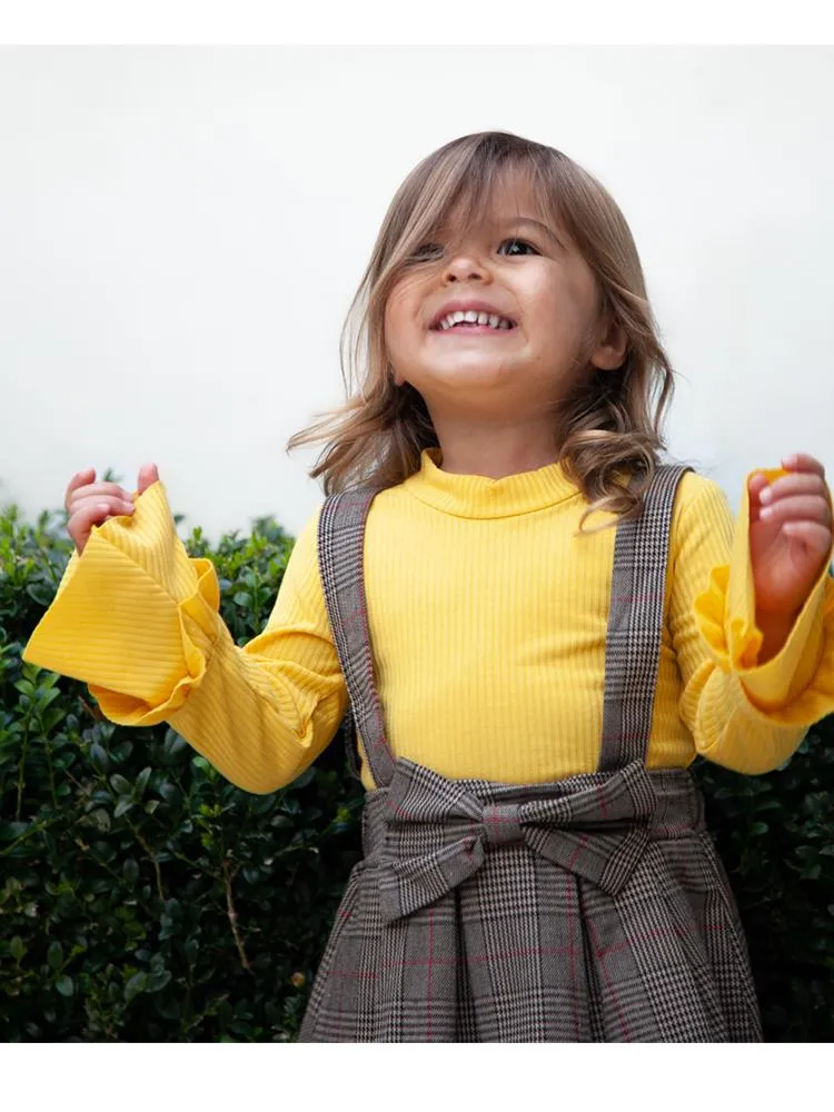 Classic Plaid Colour-Block Dress with Bow and Braces with Yellow Top