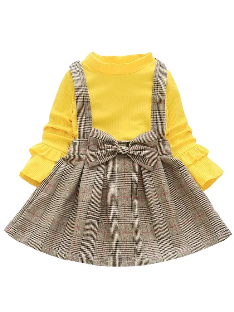 Classic Plaid Colour-Block Dress with Bow and Braces with Yellow Top