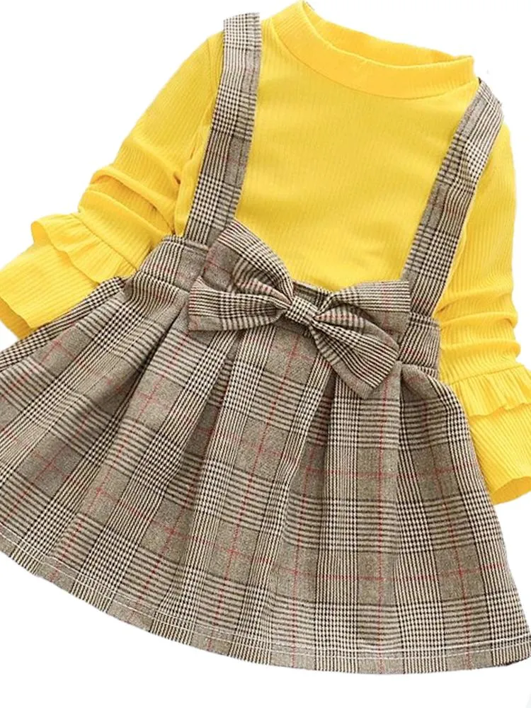 Classic Plaid Colour-Block Dress with Bow and Braces with Yellow Top