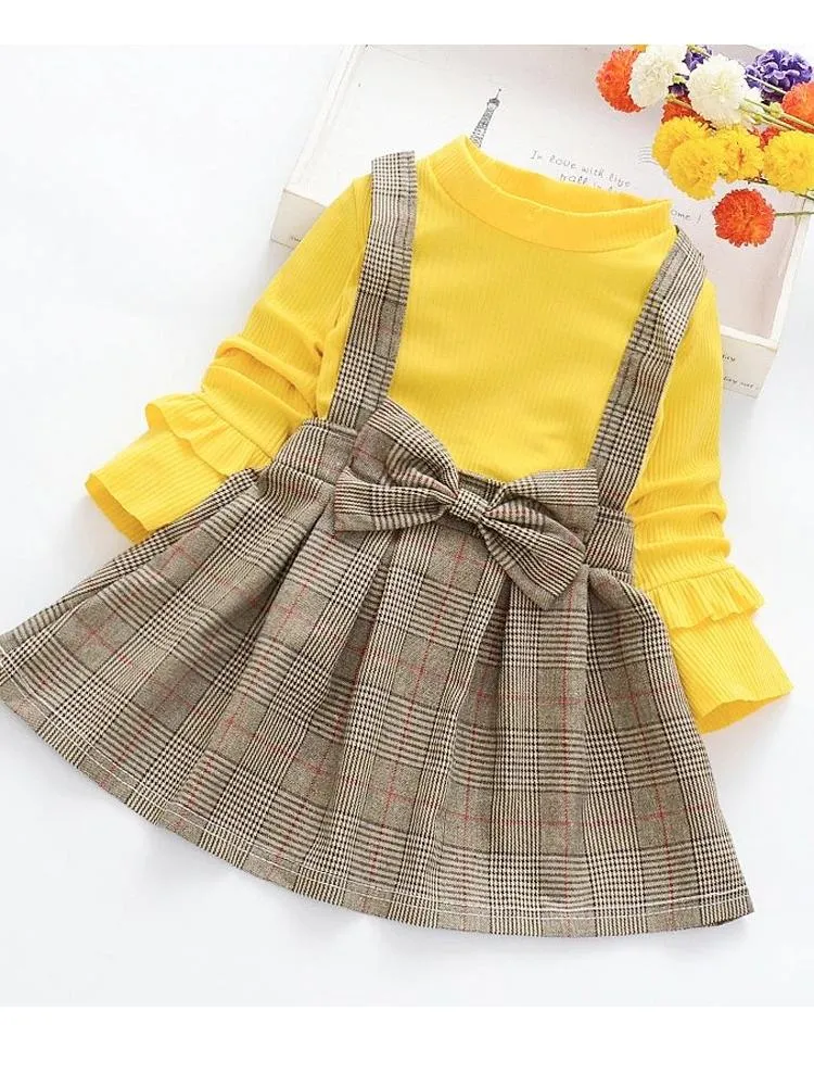 Classic Plaid Colour-Block Dress with Bow and Braces with Yellow Top
