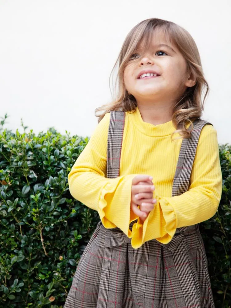 Classic Plaid Colour-Block Dress with Bow and Braces with Yellow Top