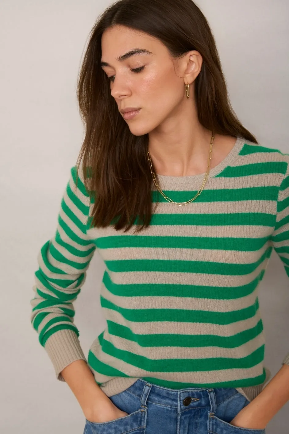 Cleo Cashmere Jumper - Parchment/Jade Green Stripe